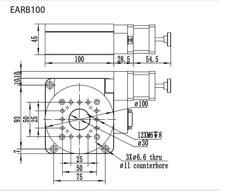 经济型电动旋转滑台-360°旋转 EARB100 尺寸图
