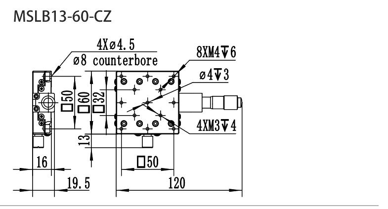 MSLB13-60 Series Stainless Steel Translation Stages MSLB13-60-CZ dimension drawing