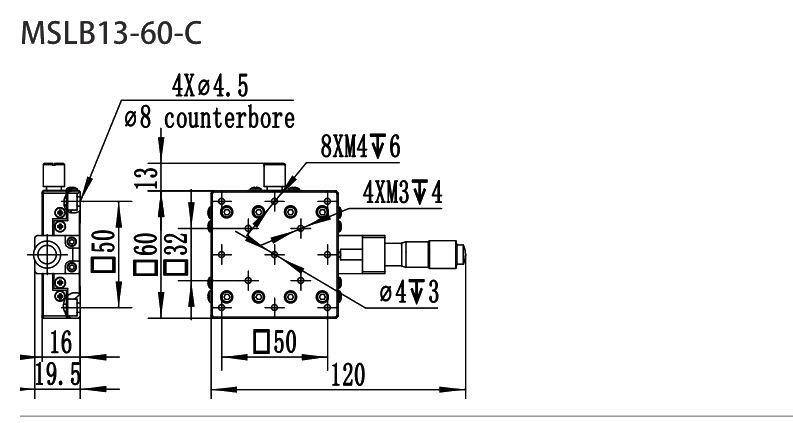 MSLB13-60 Series Stainless Steel Translation Stages MSLB13-60-C dimension drawing