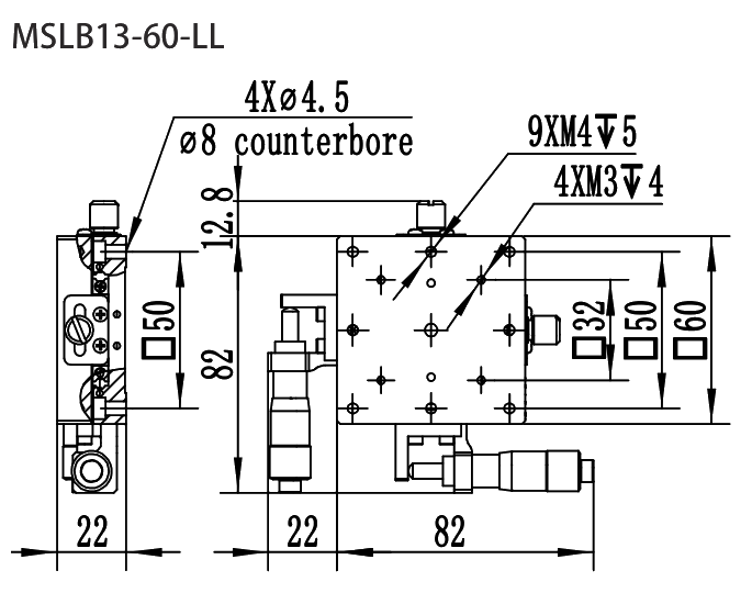 MSLB13-60 Series Stainless Steel Translation Stages drawing MSLB13-60