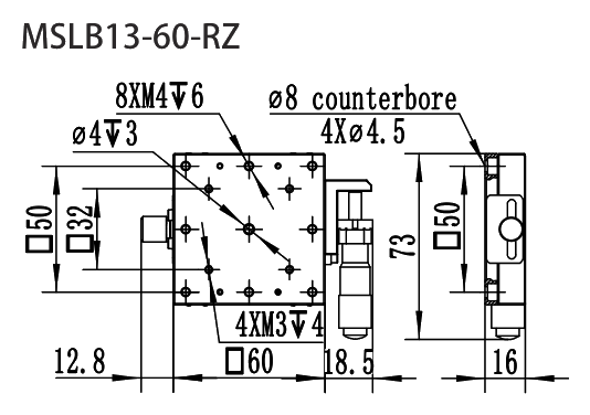 MSLB13-60 Series Stainless Steel Translation Stages MSLB13-60-RZ dimension drawing