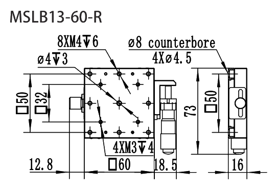 MSLB13-60 Series Stainless Steel Translation Stages MSLB13-60-R dimension drawing